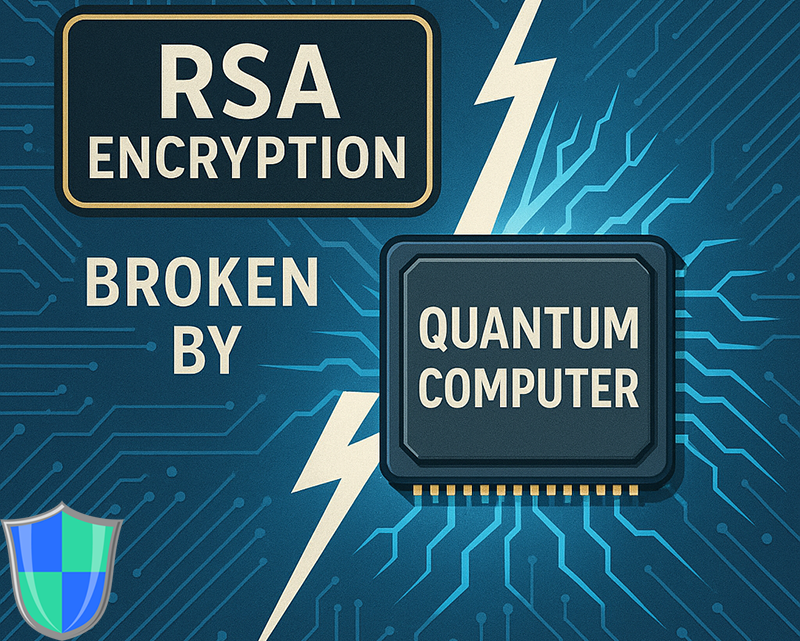 Illustration showing quantum computer breaking RSA encryption