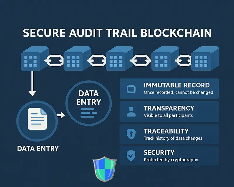 Blockchain audit trail displayed on digital screen