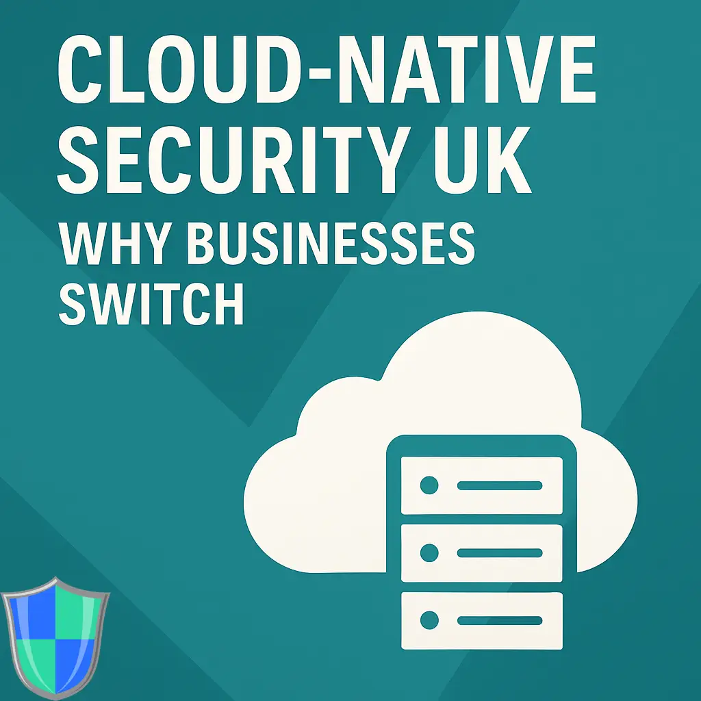 Promotional graphic for “Cloud-Native Security UK – Why Businesses Switch” with teal background and cloud server icon